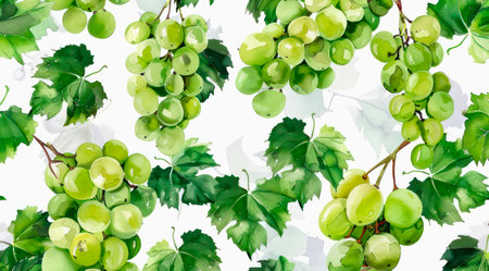 Bunches of green grapes on white background, watercolor pattern design.の写真素材