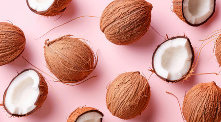 Pattern with coconuts on pastel pink background, top view, minimal flat lay style.の写真素材
