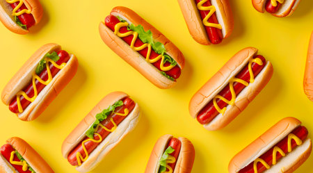 Pattern with hot dogs on yellow background, top view. Tasty hot dogs, minimal flat lay style.の写真素材