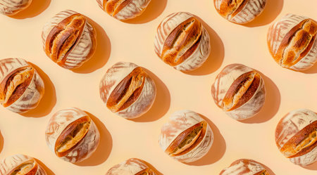 Pattern with round loafs of bread on pastel yellow background, top view. Set of fresh bread, minimal...