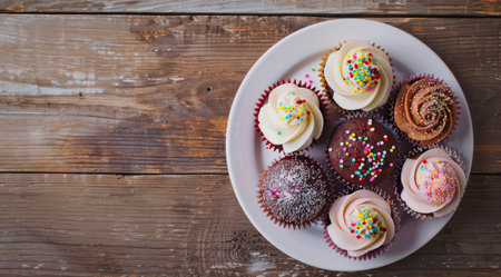 Plate of different cupcakes on a wooden table, top view.の写真素材