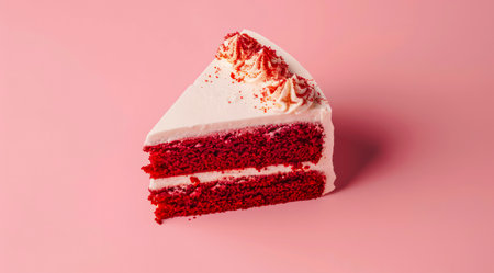 Piece of red velvet cake on pastel pink background.の写真素材