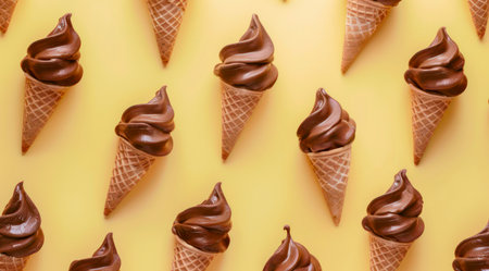 Pattern with chocolate ice cream cones on pastel yellow background, top view. Chocolate ice cream in...