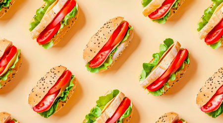 Pattern with sandwiches on pastel yellow background, top view, minimal flat lay style.の写真素材
