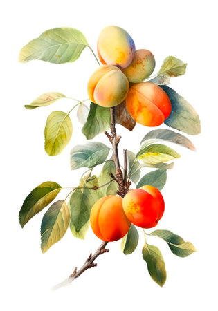 Branch of ripe apricots isolated on white background, watercolor illustration.の写真素材