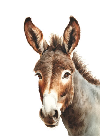 Watercolor portrait of a brown donkey on white background.の写真素材