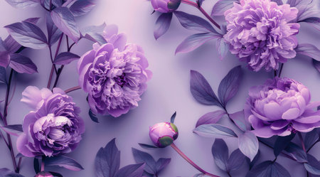 Beautiful purple peonies on light violet background, top view.の写真素材
