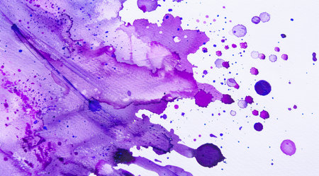 Violet paint splashes on white paper background. Abstract watercolor painting.の写真素材