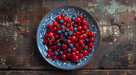 Plate of fresh berries on a wooden table, top view. Rural food still life composition.の写真素材