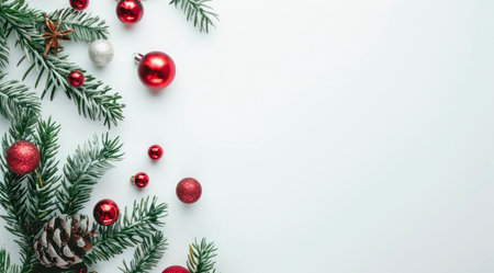 Christmas red decorations and green pine branches on white background with copy space for text, festive greeting design.の写真素材