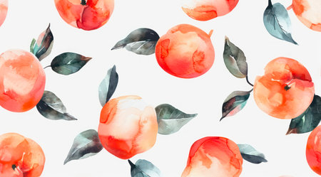 Watercolor pattern design with ripe peaches isolated on white background.の写真素材