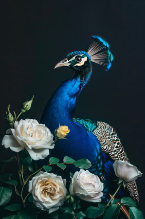 Beautiful peacock sits among white roses on black background.の写真素材