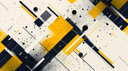 Yellow, black and white abstract geometric background. Lines, squares, rectangles and paint drops.