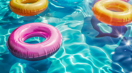 Inflatable rings floating on clear blue water in swimming pool.