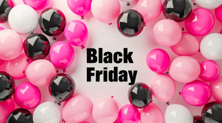 Black and pink balloons as frame and text Black Friday in the middle. Banner design for Black Friday sale.の写真素材
