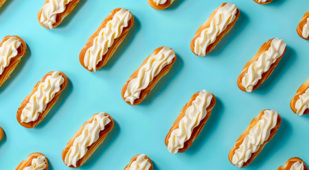 Eclairs with whipped cream frosting evenly spreaded on blue background, top view, minimal flat lay style.の写真素材