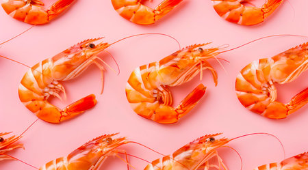 A lot of shrimps on pink background, top view, minimal flat lay style.の写真素材