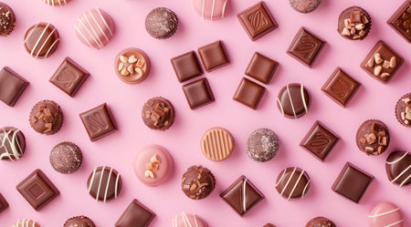 Assorted chocolates evenly spreaded on pink background, top view, minimal flat lay style.の写真素材