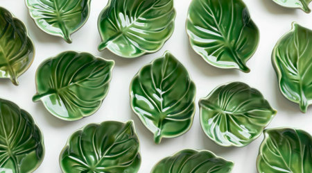 Green leaf shaped plates on white background, top view. Designer ceramic hand made dishes.