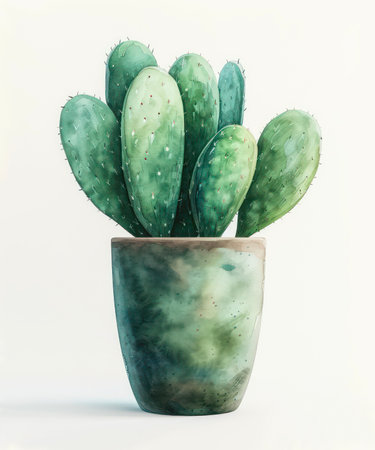 Watercolor illustration of a green cactus in a pot isolated on white background.の写真素材