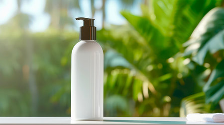 White bottle of shampoo or shower gel on blurred background of green tropical leaves.の写真素材