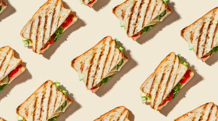 Pattern with sandwiches on light cream background, top view, minimal flat lay style.の写真素材