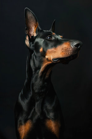 Portrait of a black and tan Doberman Pinscher on black background.の写真素材