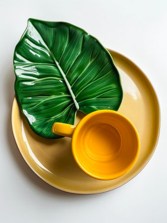 Green leaf shaped plate, yellow cup and plate on white background, top view. Designer ceramic dishes.の写真素材