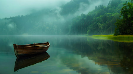 Lonely wooden boat on the lake in the forest in foggy weather.の写真素材