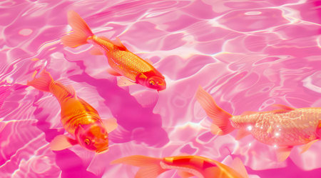 Goldfish swimming in pink water.の写真素材