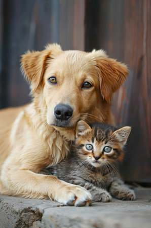 Portrait of cute golden retriever and gray kitten.の写真素材
