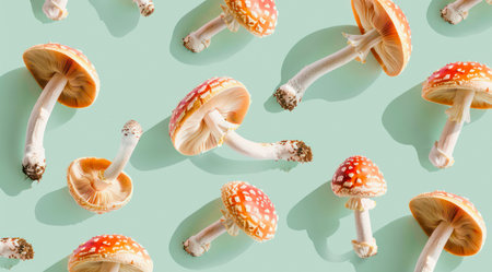 Pattern composition of amanita mushrooms on light green background, top view, minimal flat lay style.の写真素材
