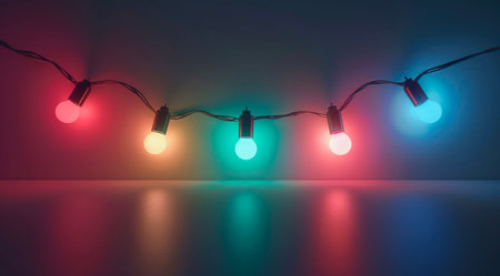 Colored Christmas glowing light garland. Garland with led lamps shining on dark background.の写真素材