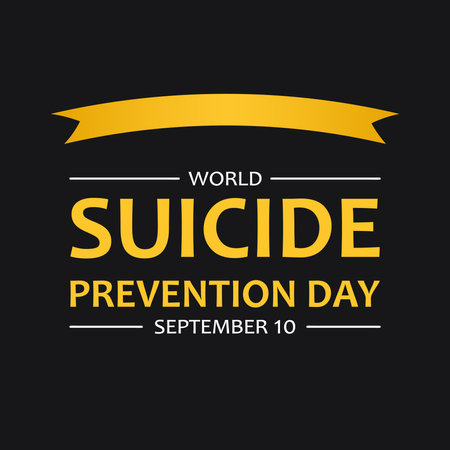 Flat vector Illustration for World Suicide Prevention Day. Text World Suicide Prevention Day, September 10 and yellow ribbon on black background.のイラスト素材