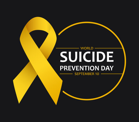 Vector Illustration for World Suicide Prevention Day. Text World Suicide Prevention Day, September 10 and yellow ribbon on black background.のイラスト素材
