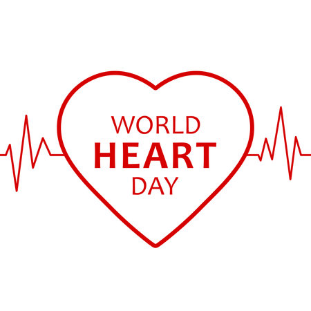 World Heart Day, flat vector illustration for banner or poster. Red text World Heart Day, heart shape and heartbeat cardiogram isolated on white background.のイラスト素材