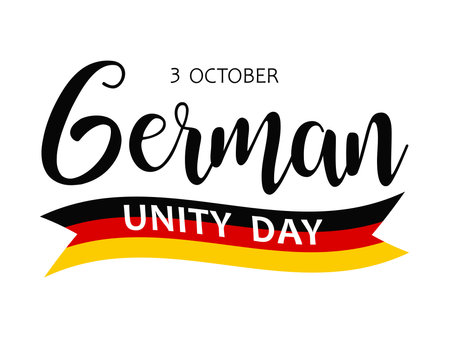 German Unity Day, flat vector illustration for greeting card, poster or banner. Text German Unity Day, 3 October and German flag isolated on white background.のイラスト素材