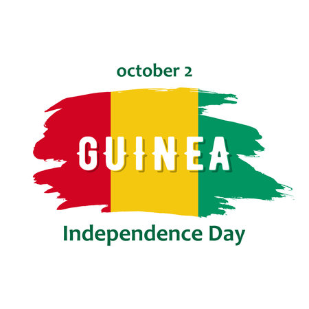 Guinea Independence Day, flat vector illustration for greeting card, poster or banner. Text Guinea Independence Day, October 2 and flag of Guinea isolated on white background.のイラスト素材