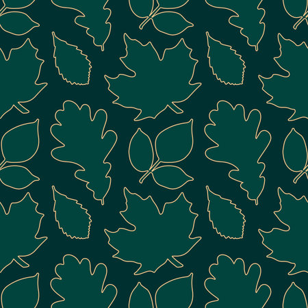 Seamless pattern of green leaves with yellow outline on dark green background. Autumn design for Thanksgiving day.のイラスト素材