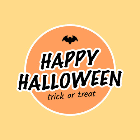 Text Happy Halloween, trick or treat and black bat on orange background with round frame as sticker. Festive design for greeting card, poster or banner for Halloween.のイラスト素材