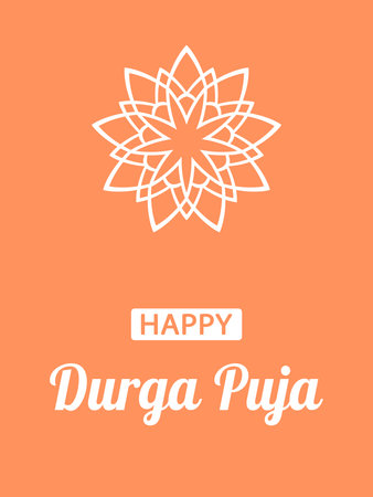 White text Happy Durga Puja and abstract floral mandala on orange background, flat vector design for greeting card, banner or poster.のイラスト素材