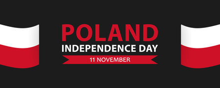 Text Poland Independence Day, 11 November and Polish flags on black background, simple minimalist banner design.のイラスト素材
