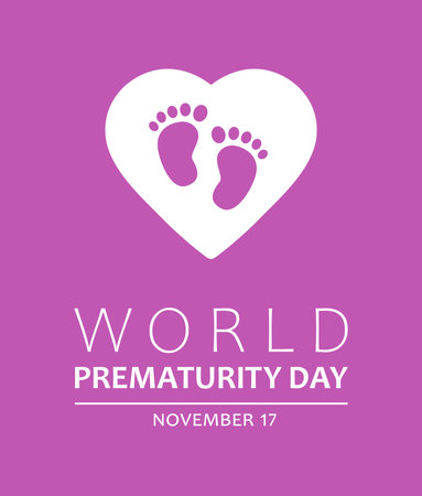 World Prematurity Day, vector web banner design. Text World Prematurity Day, november 17 and baby footprints in heart on purple background.のイラスト素材