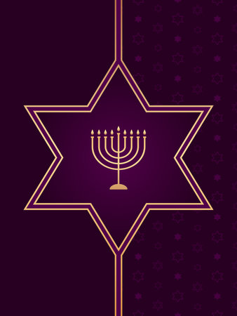 Golden menorah in the middle of star of David on purple background. Seamless pattern of stars under clipping mask. Festive design for banner, poster or greeting card.のイラスト素材