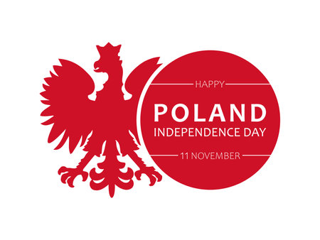 Poland Independence Day, vector design for poster, banner or greeting card. Text Happy Poland Independence Day, 11 November and red Polish coat of arms isolated on white backgroundのイラスト素材