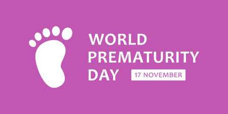 World Prematurity Day, simple minimalist banner or poster design. Text World Prematurity Day, 17 november and baby footprint on purple background.のイラスト素材