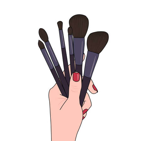 Makeup brushes in hand on white background . Vector illustration for printing, backgrounds, wallpapers, covers, packaging, greeting cards, posters, stickers, textile and seasonal design.のイラスト素材