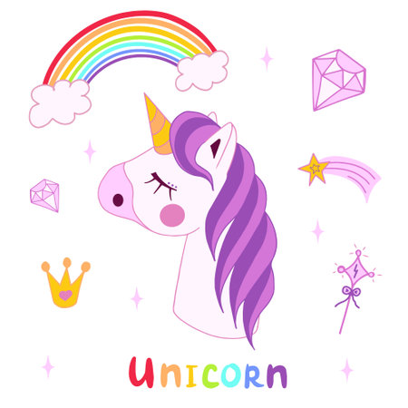 White unicorn vector head with mane and horn on starry background.のイラスト素材