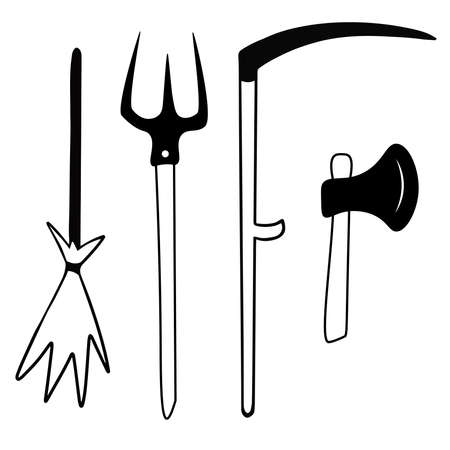 Broom, pitchfork, equipment for cleaning the territory, lawn in the village on white background. Doodle vector illustration for printing, greeting cards, posters, stickers, textile and seasonal design.のイラスト素材