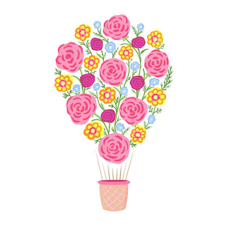 Air balloon of flowers. Vector illustration for printing,  beauty saloon, covers, packaging, greeting cards, posters, stickers, textile and seasonal design. Isolated on white background.のイラスト素材